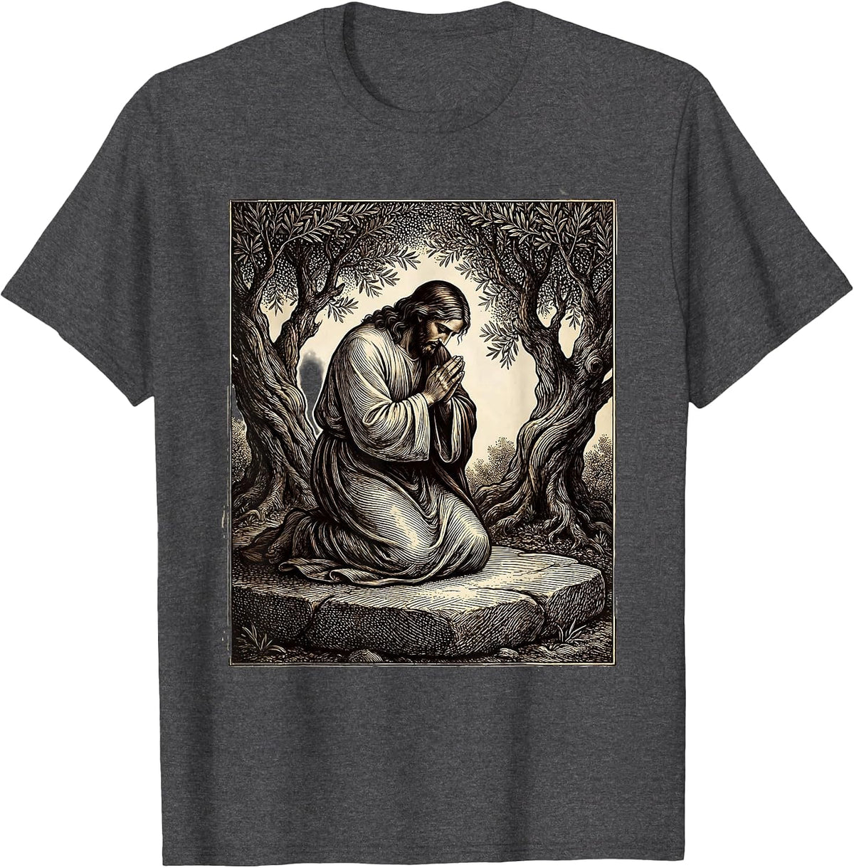 Jesus Kneeling in the Garden of Gethsemane T-Shirt - Dark Heather Grey