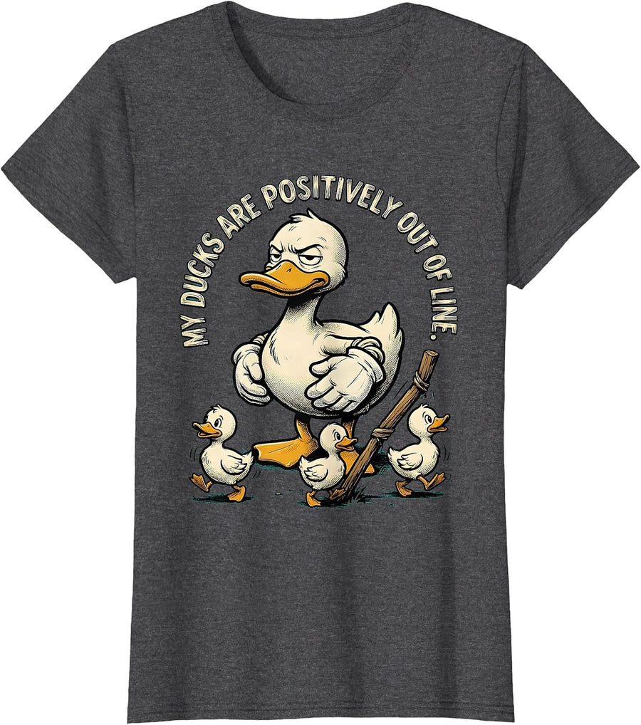 Women's My Ducks Are Positively Out Of Line Retro Cartoon Duck Humor T-Shirt - Dark Heather Grey