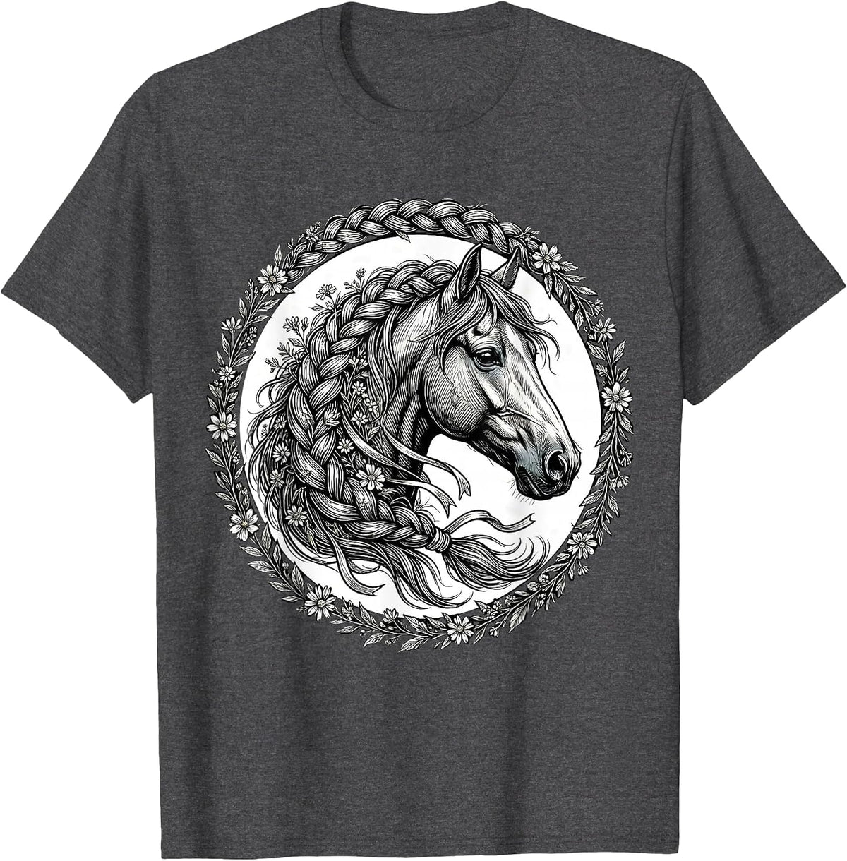 Braided Horse Mane Wildflowers and Ribbon Art T-Shirt - Dark Heather Grey