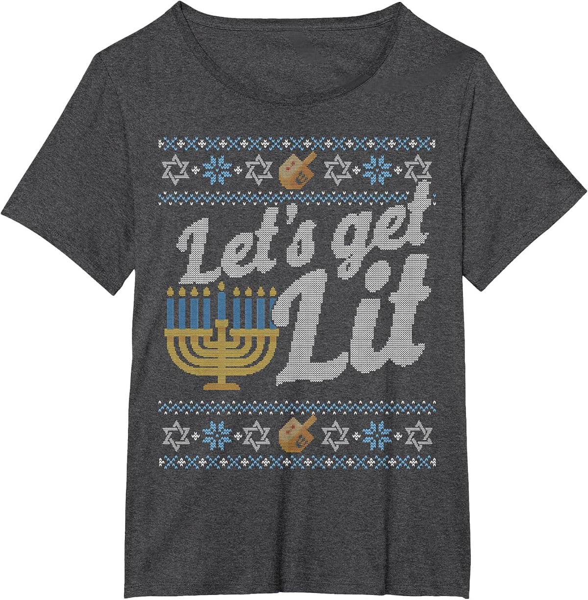 Funny Ugly Hanukkah Sweater Shirt Let's Get Lit Drinking tee T-Shirt - Dark Heather Grey