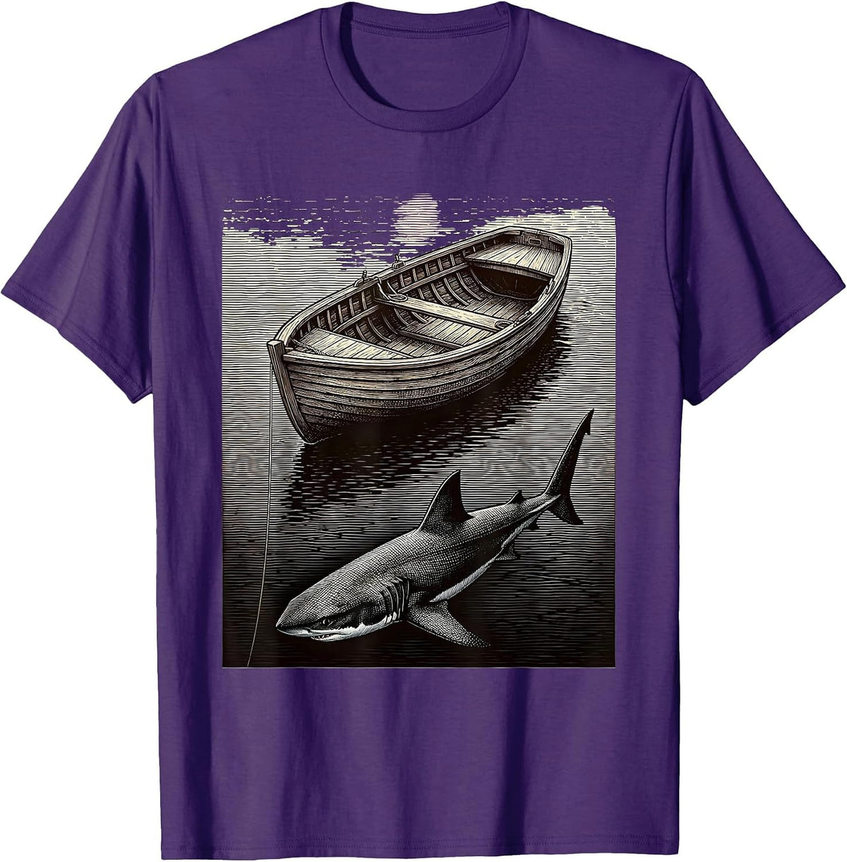 Shark Fin Circling Fishing Boat Graphic Tee T-Shirt - Purple