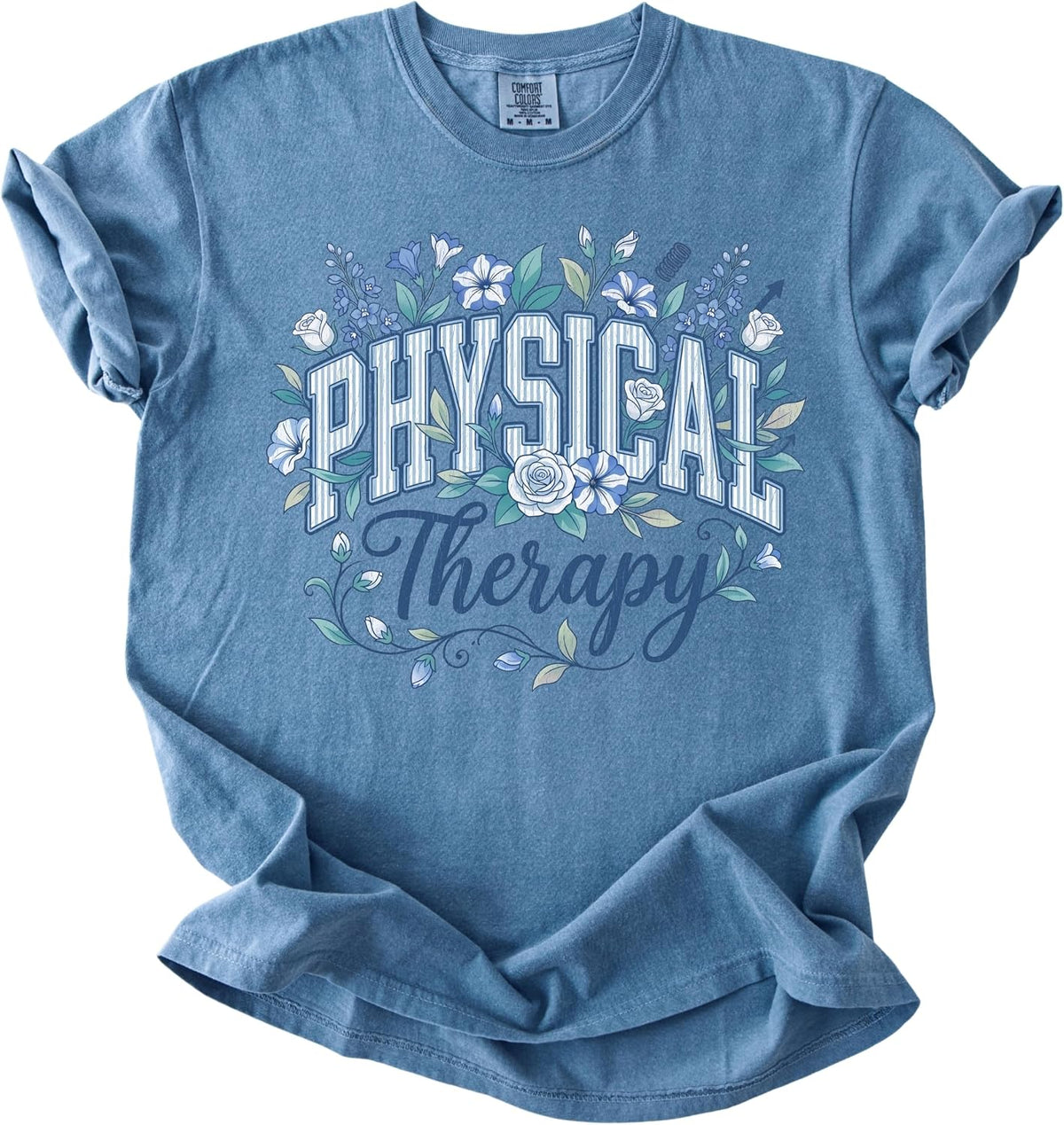 Floral Physical Therapy T-Shirt, Blue Botanical PT Graphic Tee - Blue Jean