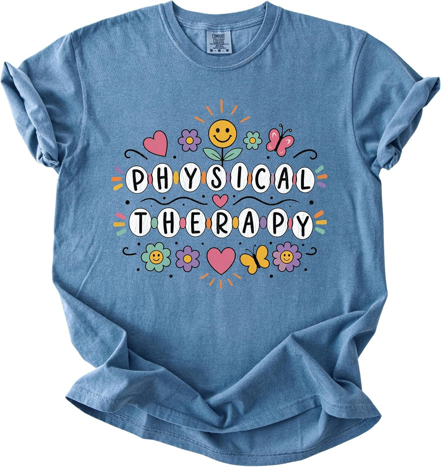 Physical Therapy T-Shirt, Colorful Floral PT Professional Graphic Tee - Blue Jean