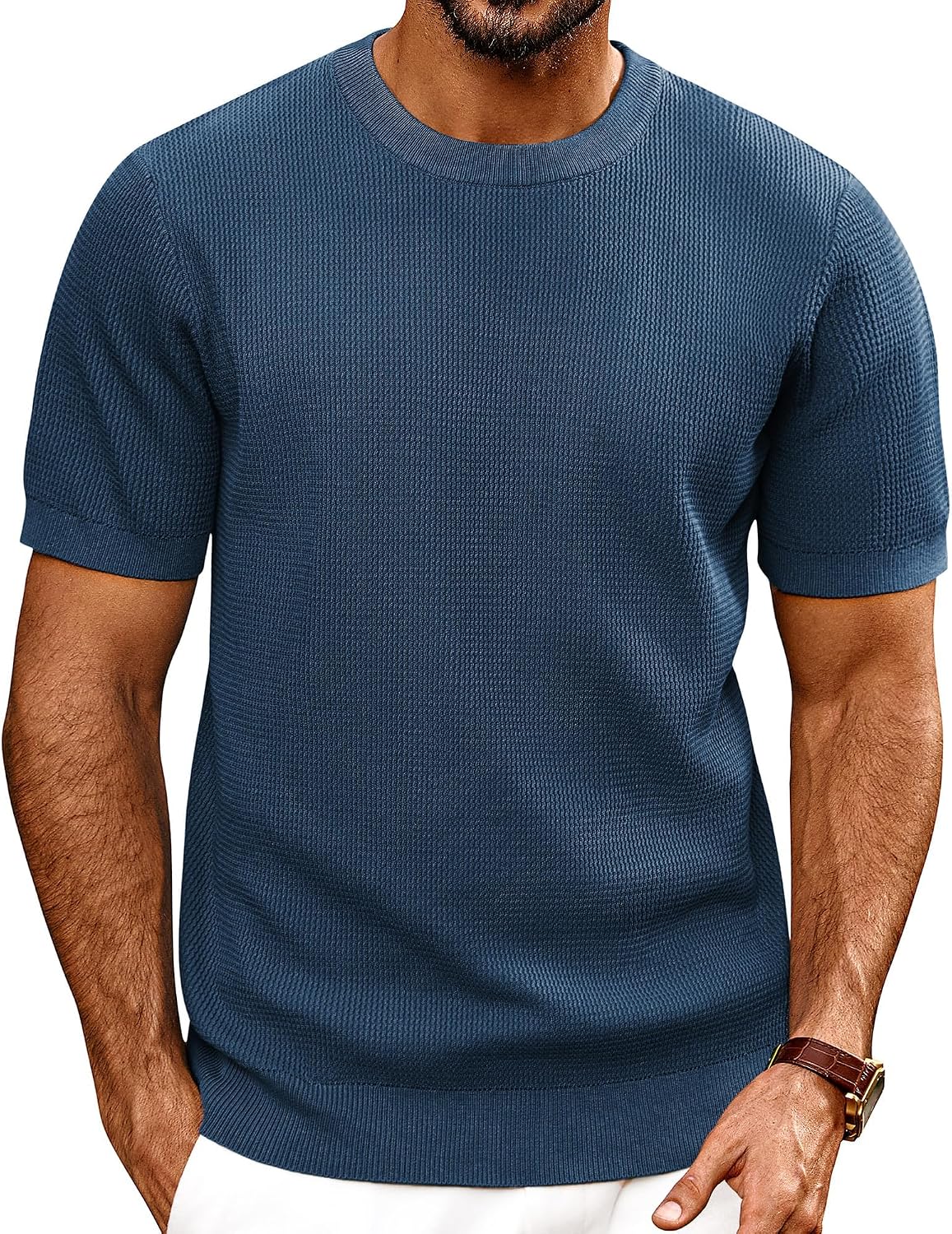 PJ PAUL JONES Mens T Shirts Crewneck Textured Knit Shirt - Navy Blue