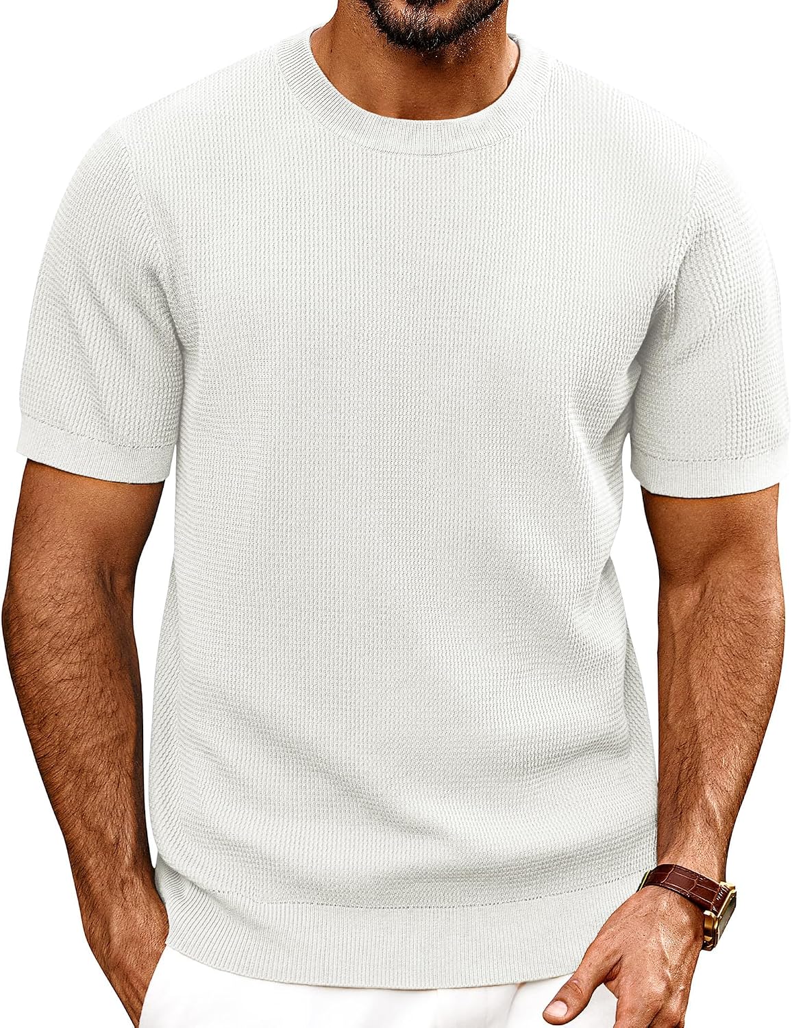 PJ PAUL JONES Mens T Shirts Crewneck Textured Knit Shirt - White
