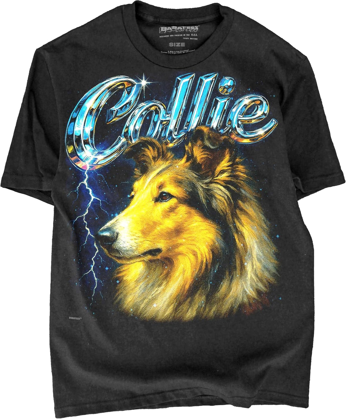 Heavy Metal Tshirt for Men & Women 80s 90s Glam Rock Style with Epic Stars and Lightning - Rough Collie