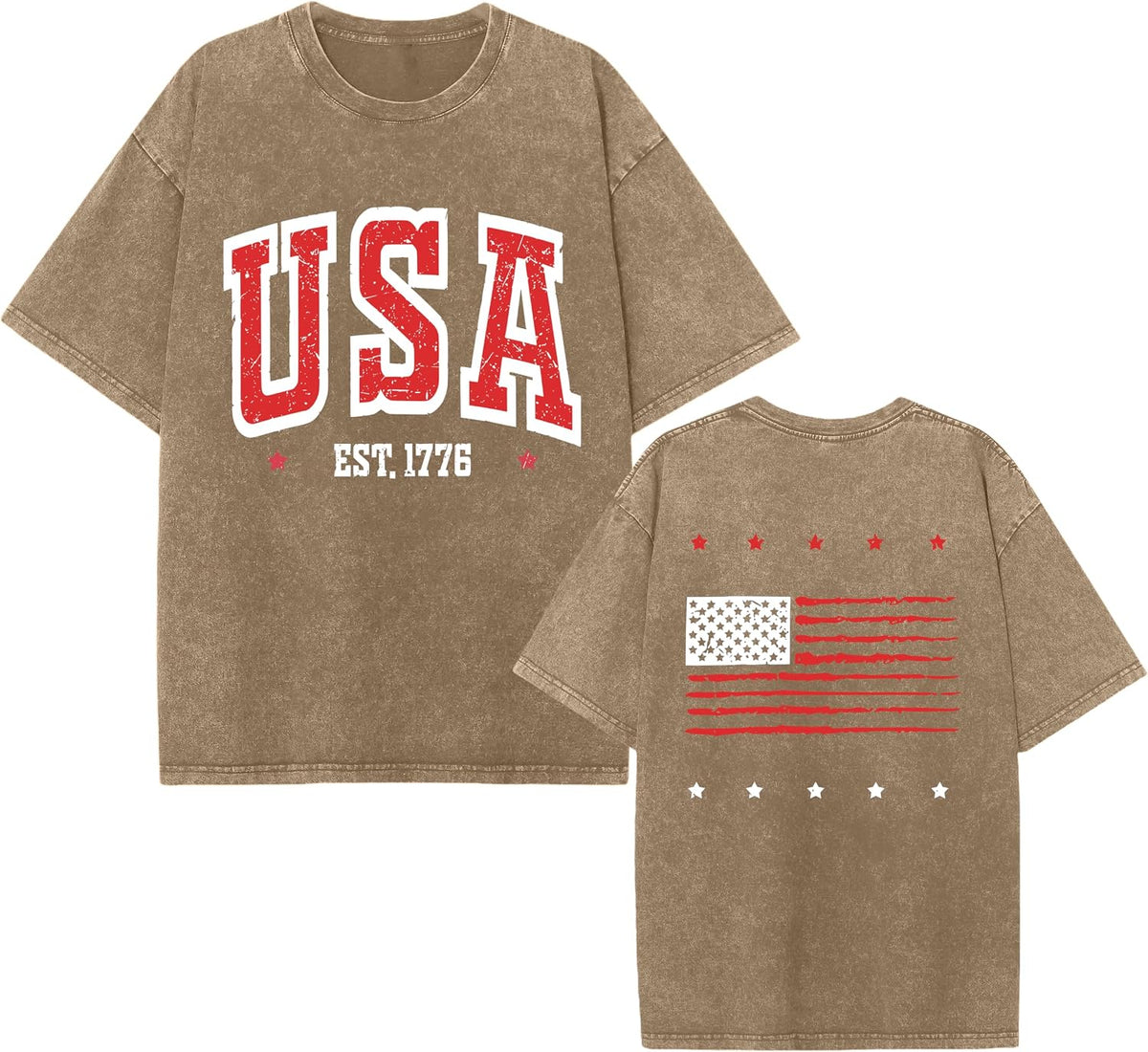 1776 American Flag Acid Washed T-Shirt Unisex Oversize Patriotic USA Tee for 4th of July 250th Anniversary - Coffeebrown