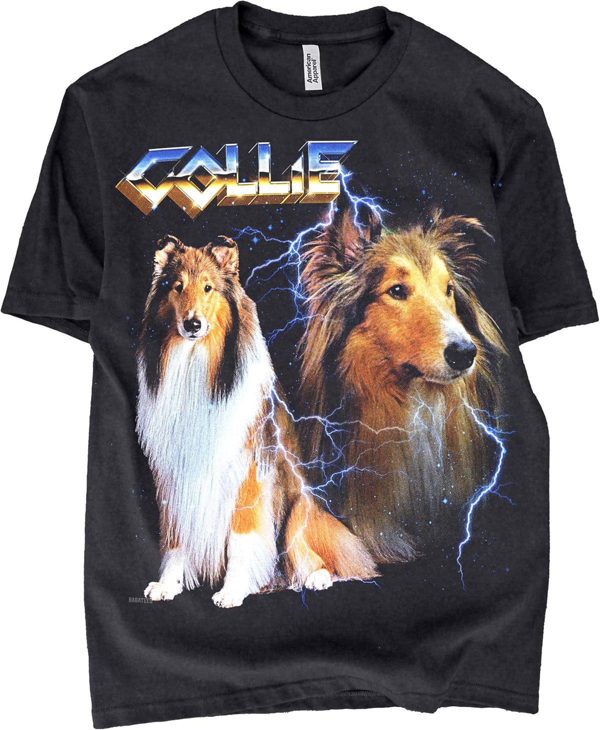 Heavy Metal Tshirt for Men & Women 80s 90s Glam Rock Style with Epic Stars and Lightning - Collie