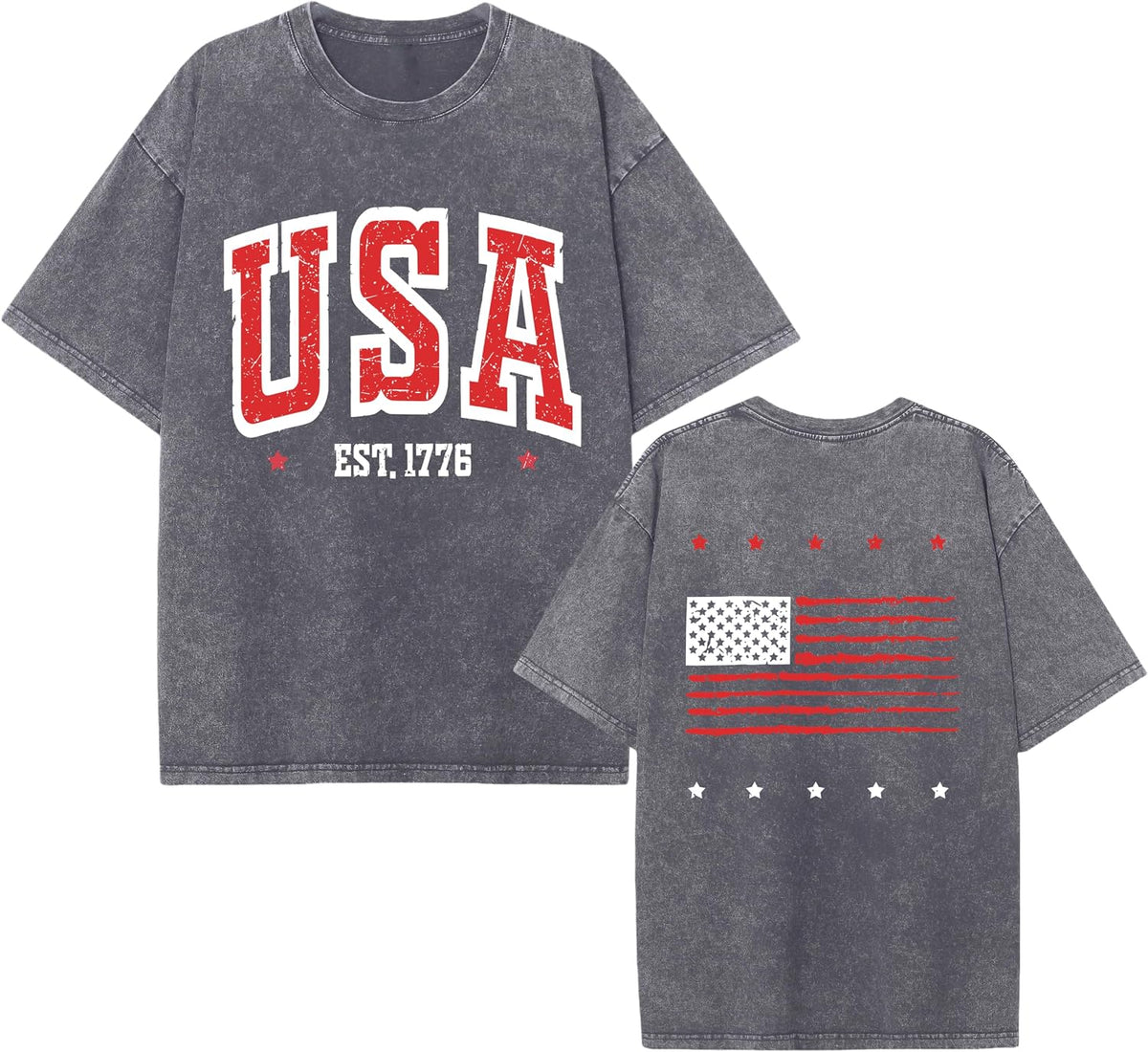 1776 American Flag Acid Washed T-Shirt Unisex Oversize Patriotic USA Tee for 4th of July 250th Anniversary - Lightgray