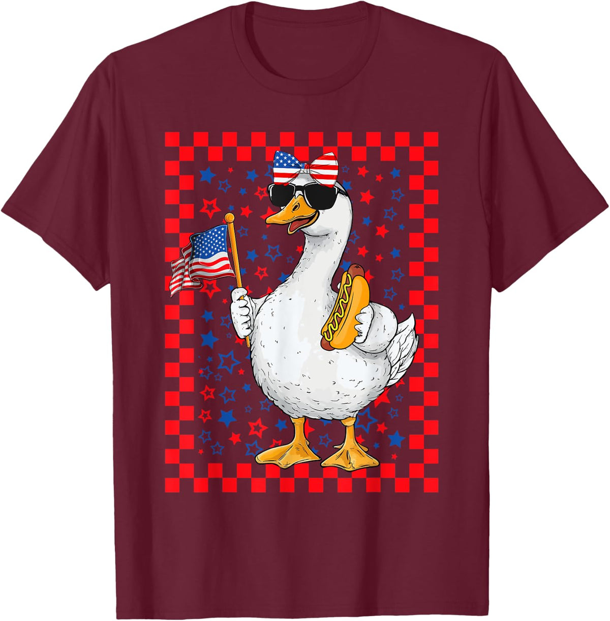 Cute Gooses & Bow Holding Hotdog USA Flag 4th Of July Girls T-Shirt - Burgundy