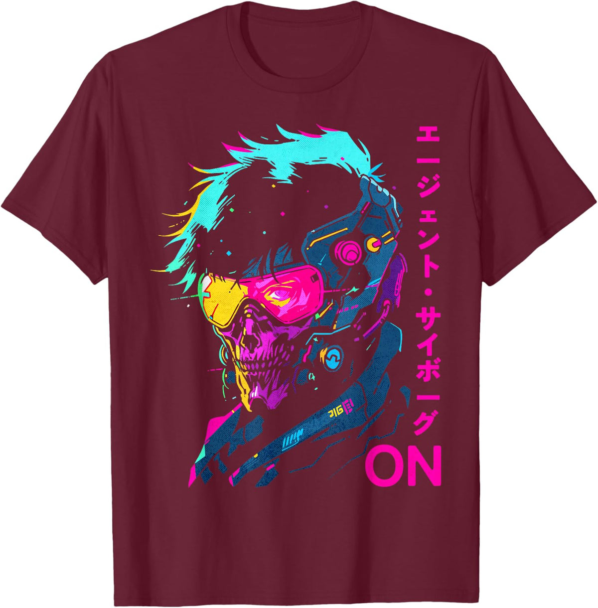 Japanese Cyborg Agent Futuristic Cyberpunk Style T-Shirt - Burgundy