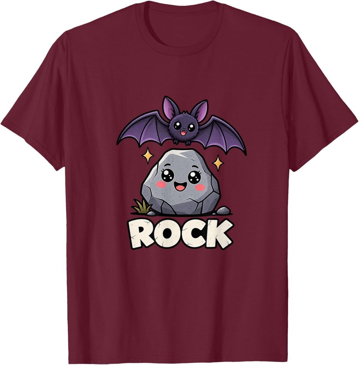 Cute Bat Over Smiling Rock T-Shirt - Burgundy