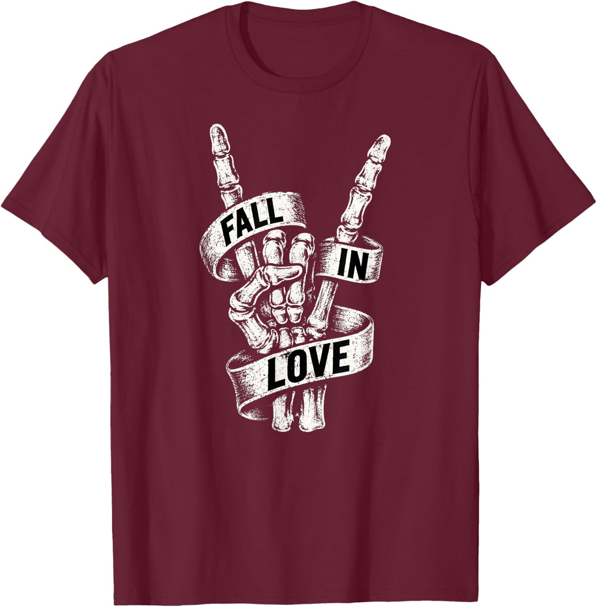 Fall in Love Skeleton Hand Rock On Halloween Design T-Shirt - Burgundy