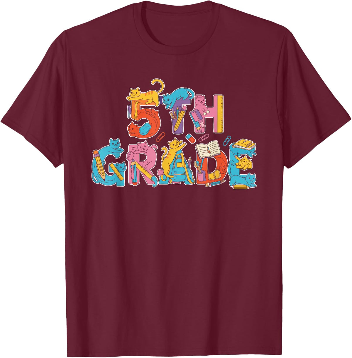 Funny Cat Fifth Grade Back to School Kids Boys Girls T-Shirt - Burgundy