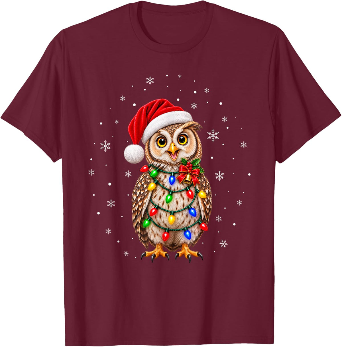 Owl Christmas Tree Lights Pajama Santa Xmas T-Shirt - Burgundy