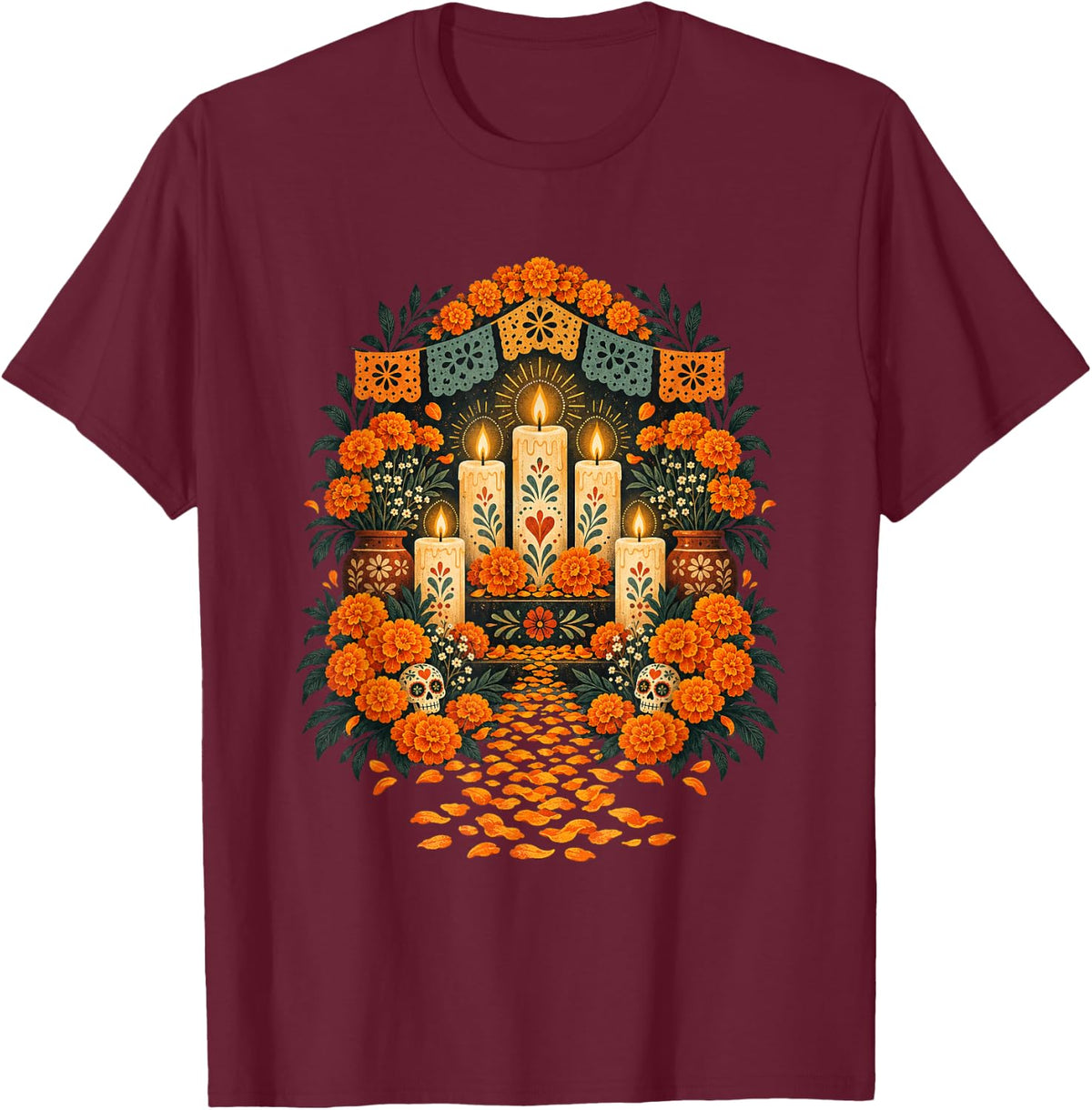 Dia De Los Muertos Marigold Ofrenda Memorial Day of The Dead T-Shirt - Burgundy