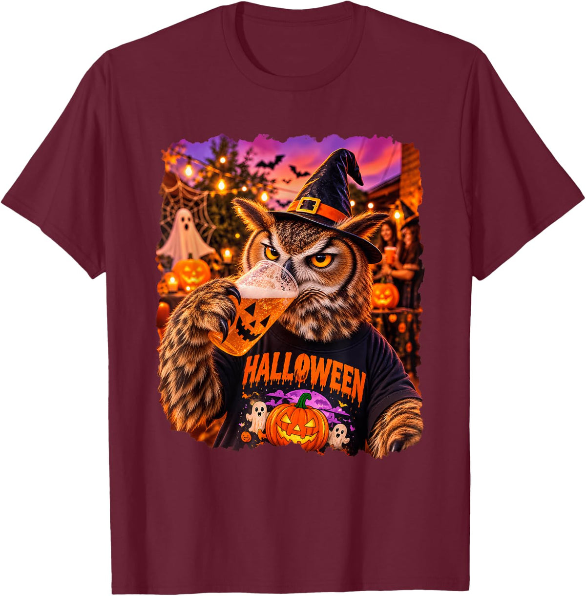 Halloween Witch Owl Drinking Pumpkin Cup Funny Costume T-Shirt - Burgundy