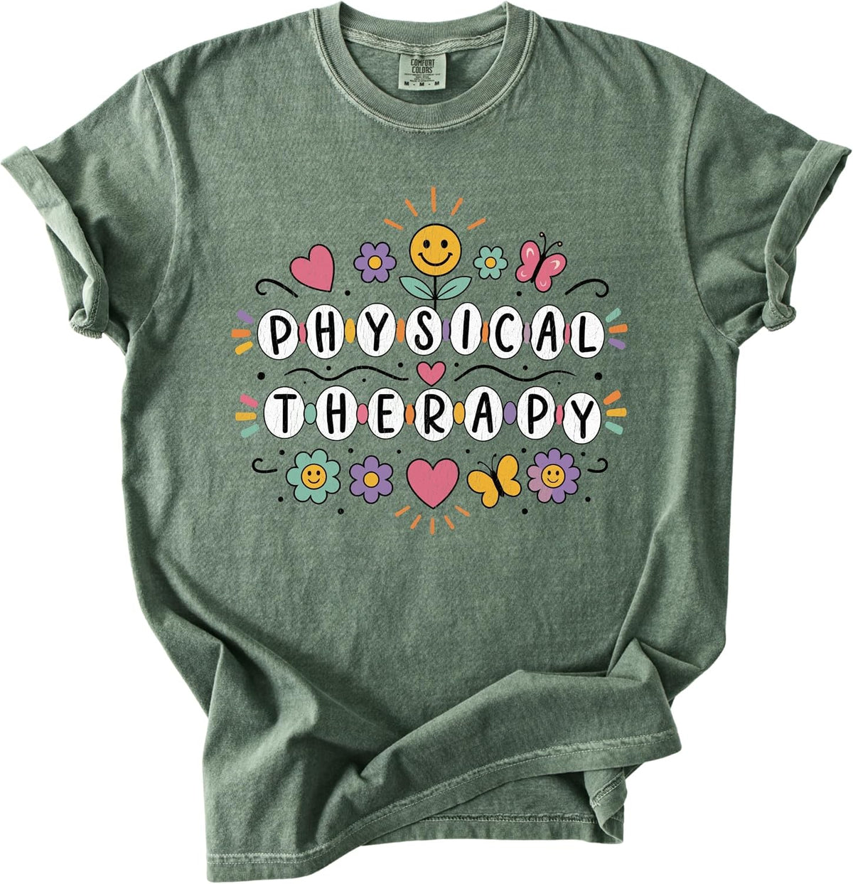 Physical Therapy T-Shirt, Colorful Floral PT Professional Graphic Tee - Moss