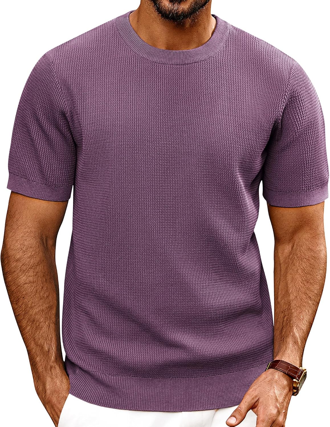 PJ PAUL JONES Mens T Shirts Crewneck Textured Knit Shirt - Purple