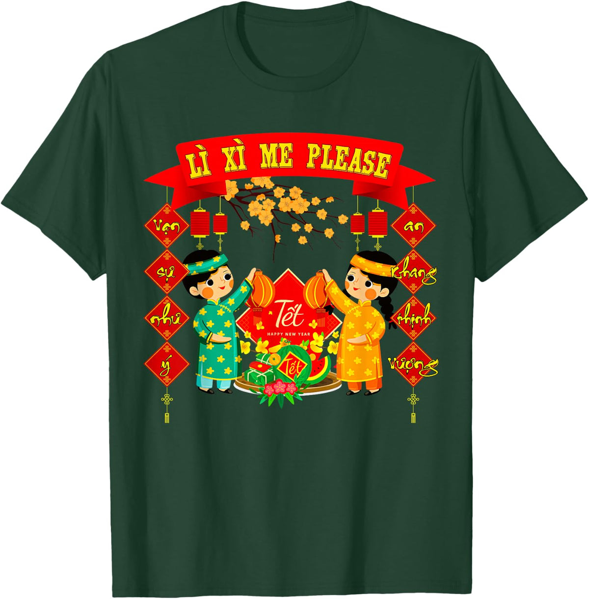 Li Xi Me Please Chuc Mung Nam Moi Vietnamese Boy Girl Ao Dai T-Shirt - Dark Green