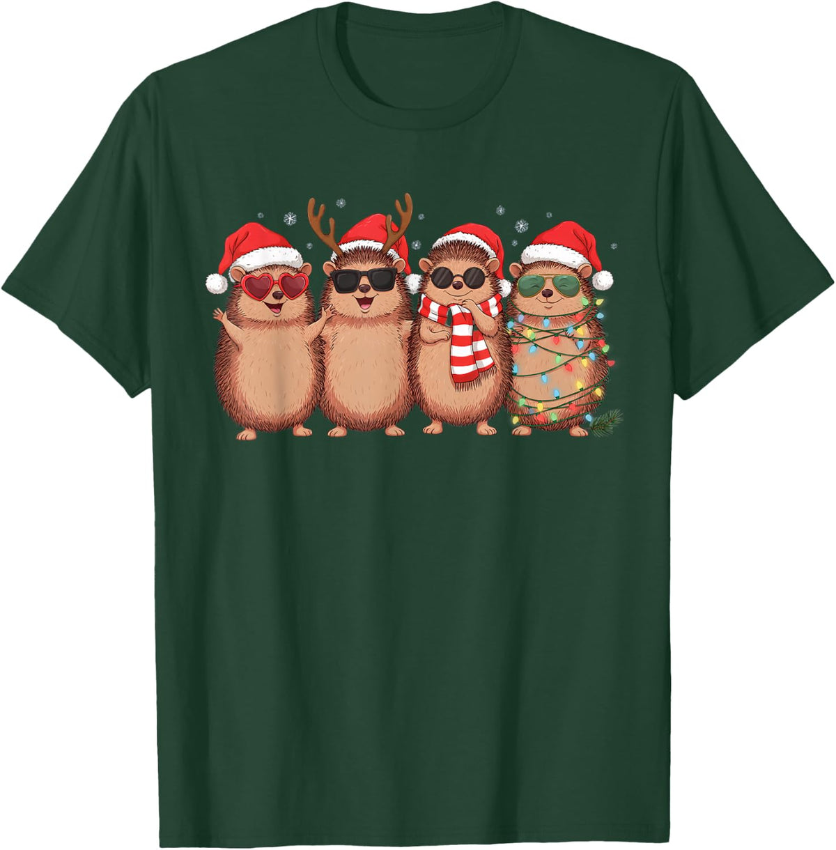 Cute Hedgehog Funny Santa Hat Christmas Lights Holiday Xmas T-Shirt - Dark Green