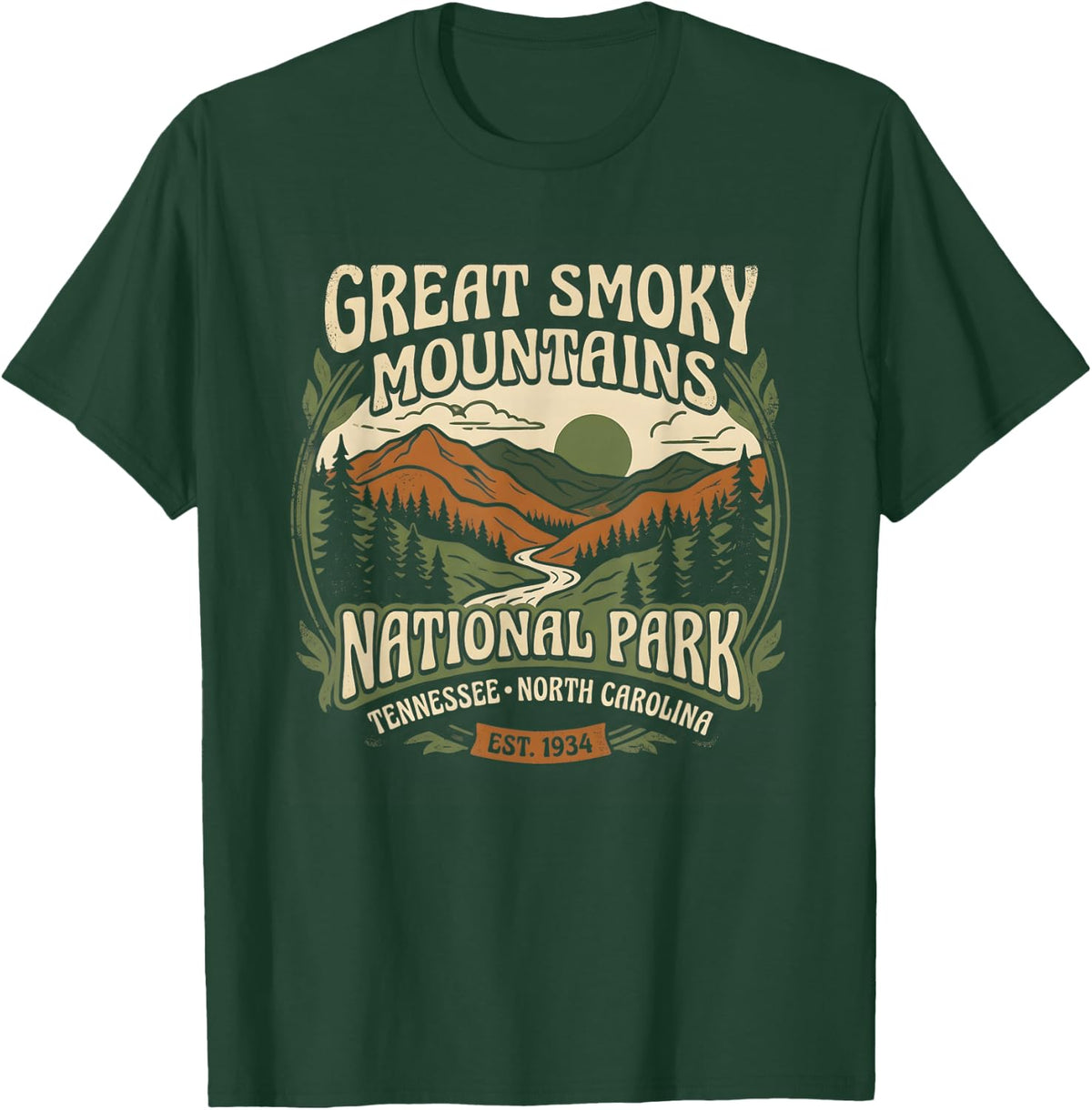 Great Smoky Mountains Hiking National Park Nature Trekking T-Shirt - Dark Green
