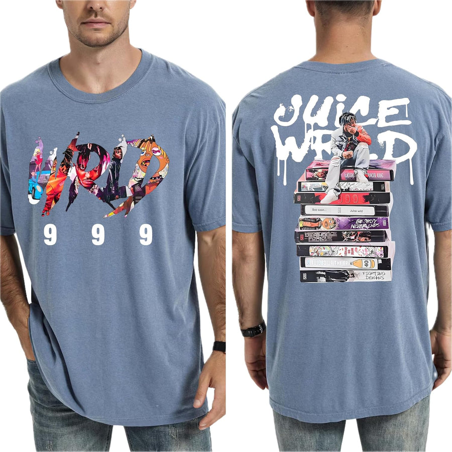 Vintage 999 Album Era Collage Double Sided Comfort T-Shirt, Streetwear Style Rap Music Graphic Hip Hop Unisex Shirt - Blue