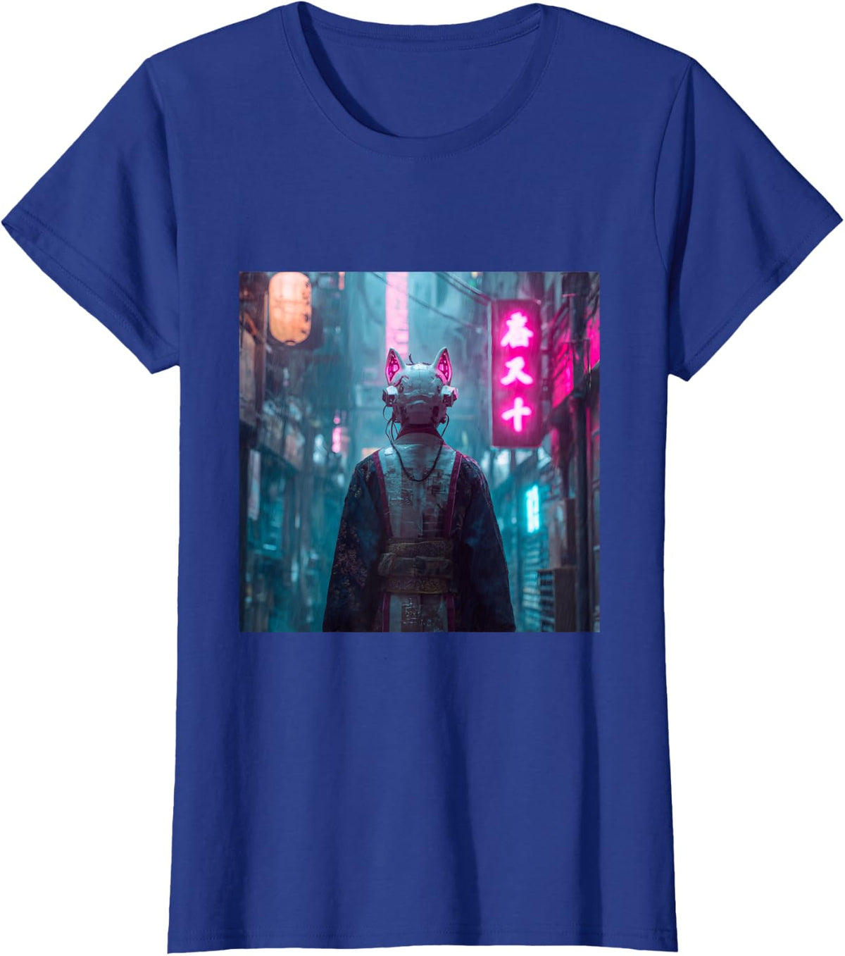 Cyberpunk Kitsune Japanese Streetwear Anime Rain T-Shirt - Royal Blue