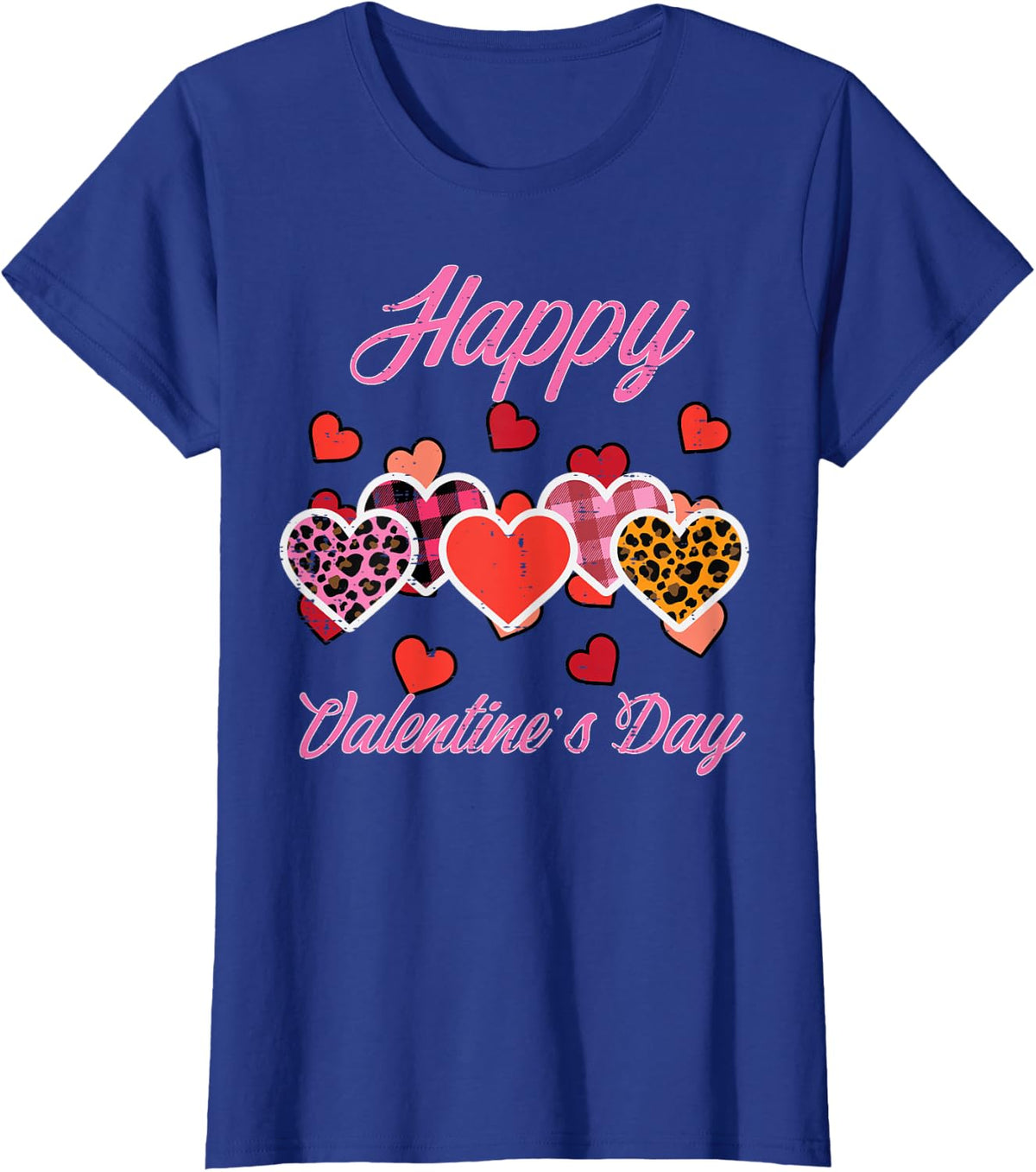 Happy Valentines Day Leopard Plaid Hearts Women Girls Kids T-Shirt - Royal Blue