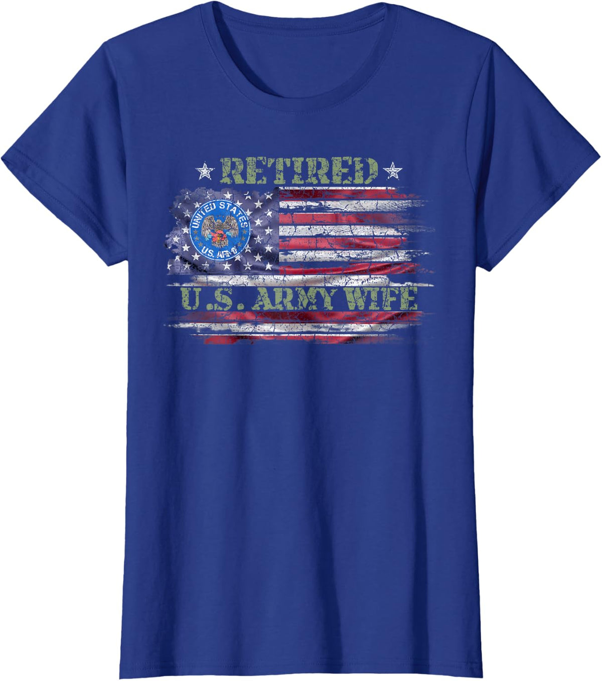 Vintage USA American Flag Proud Retired US Army Veteran Wife T-Shirt - Royal Blue