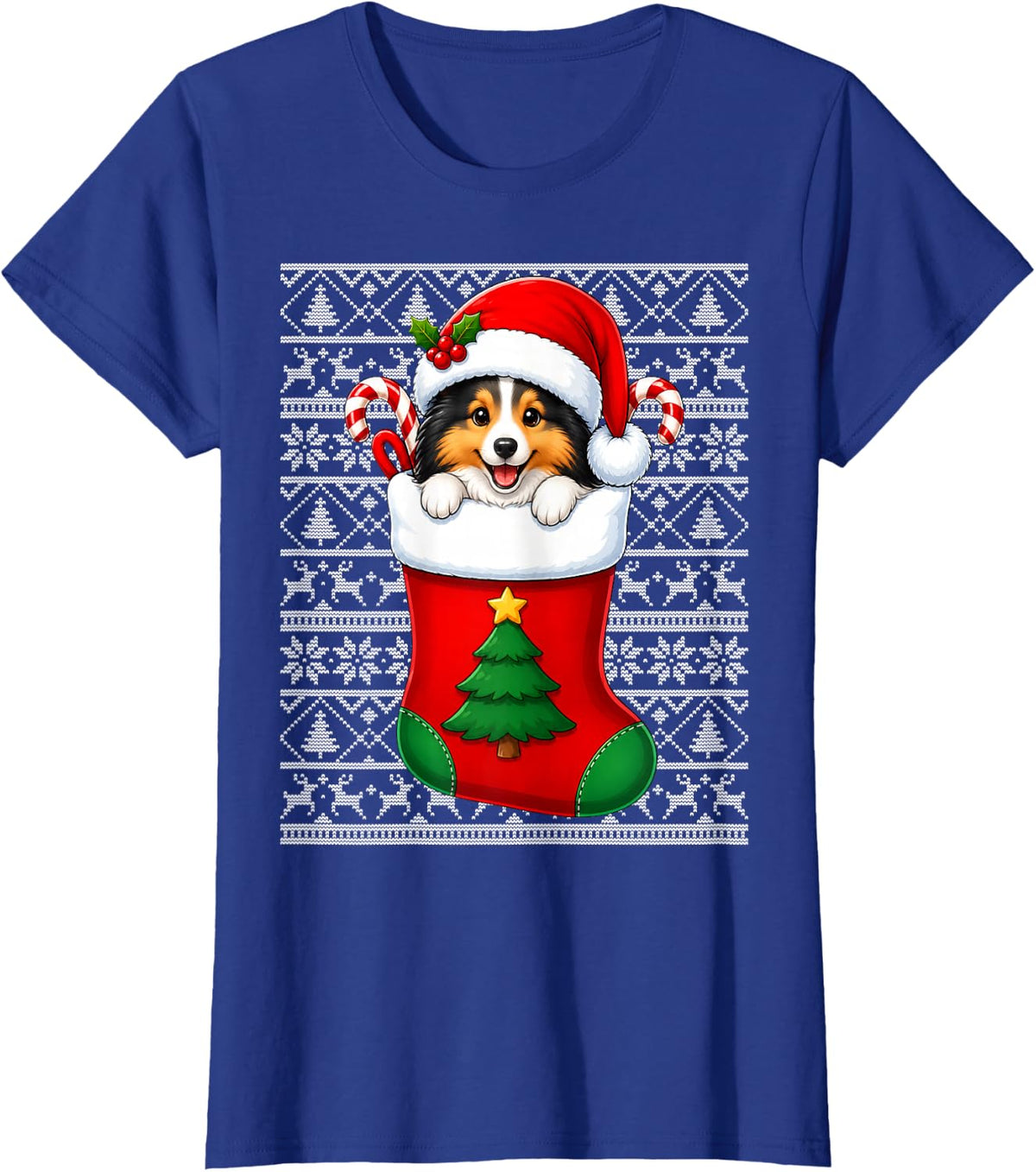 Shetland Sheepdog in Christmas Socks Cute Sheltie Ugly Xmas T-Shirt - Royal Blue