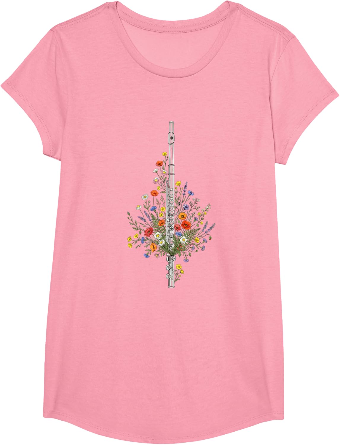 Flute Floral Windflower Flowers Aesthetic Graphic Flutist T-Shirt - Girls Pink