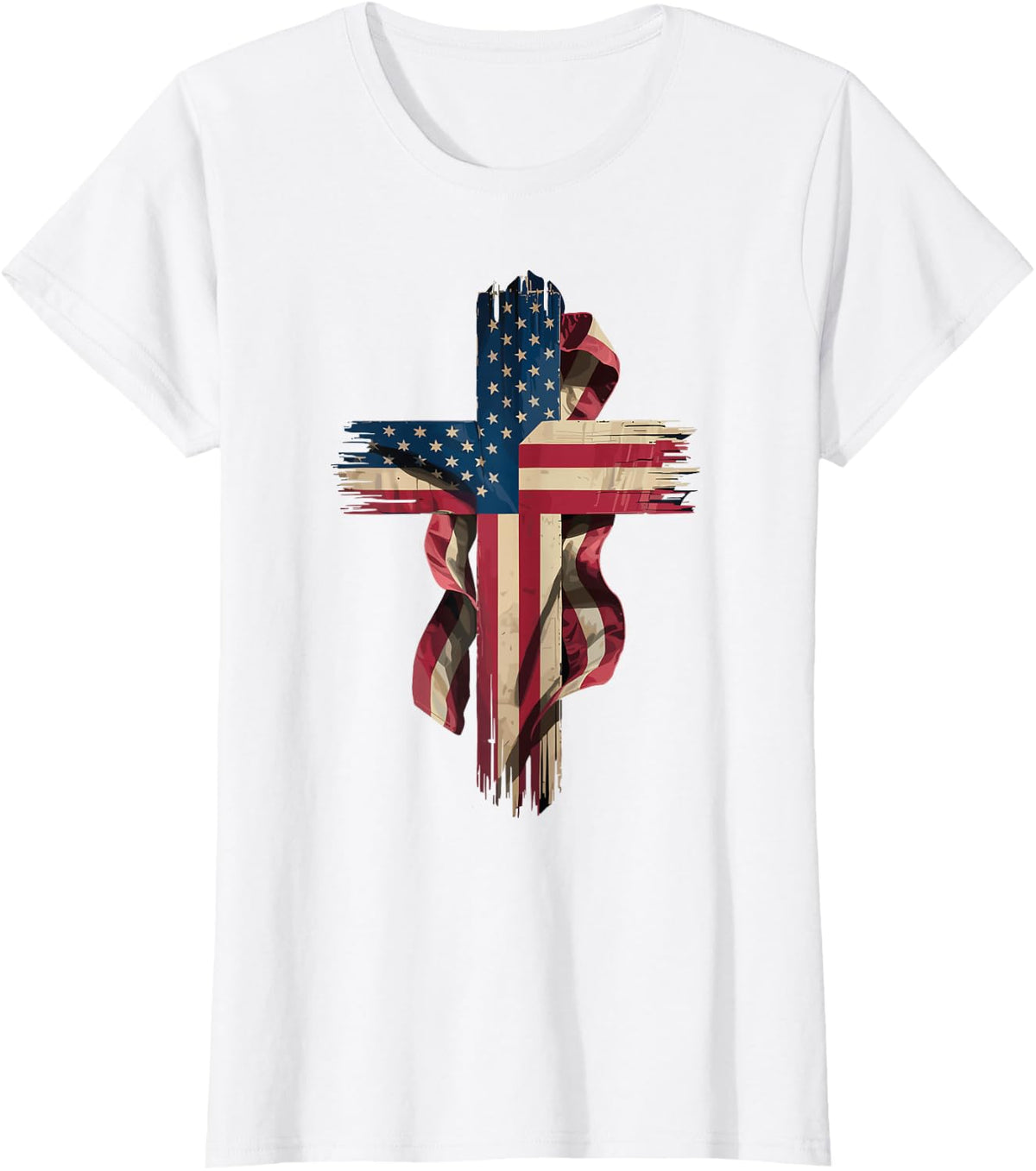 Patriotic Christian Cross USA Flag T-Shirt - White