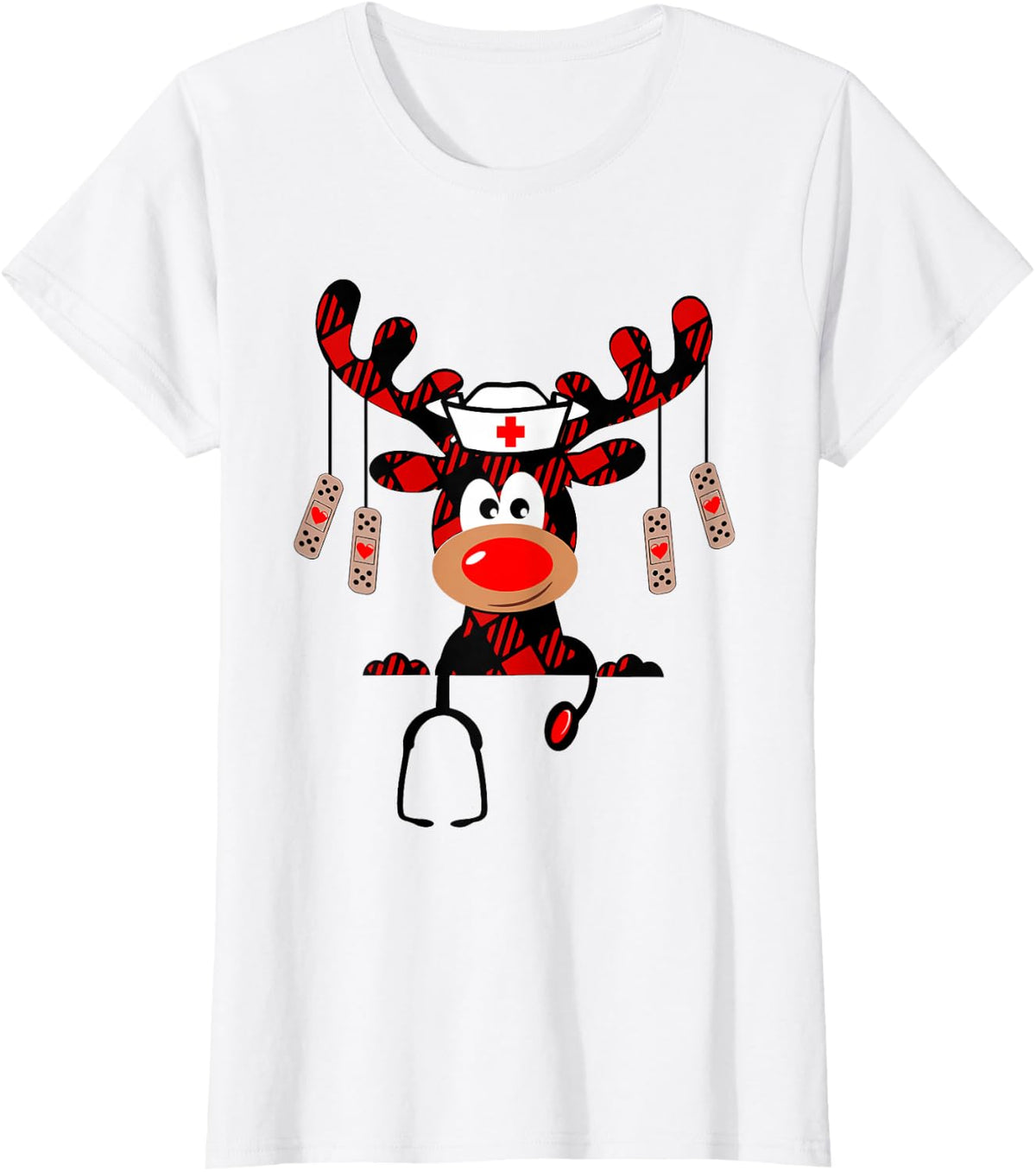 Nurse Christmas Reindeer Nurse Plaid NICU RN LPN Scrub Top T-Shirt - White
