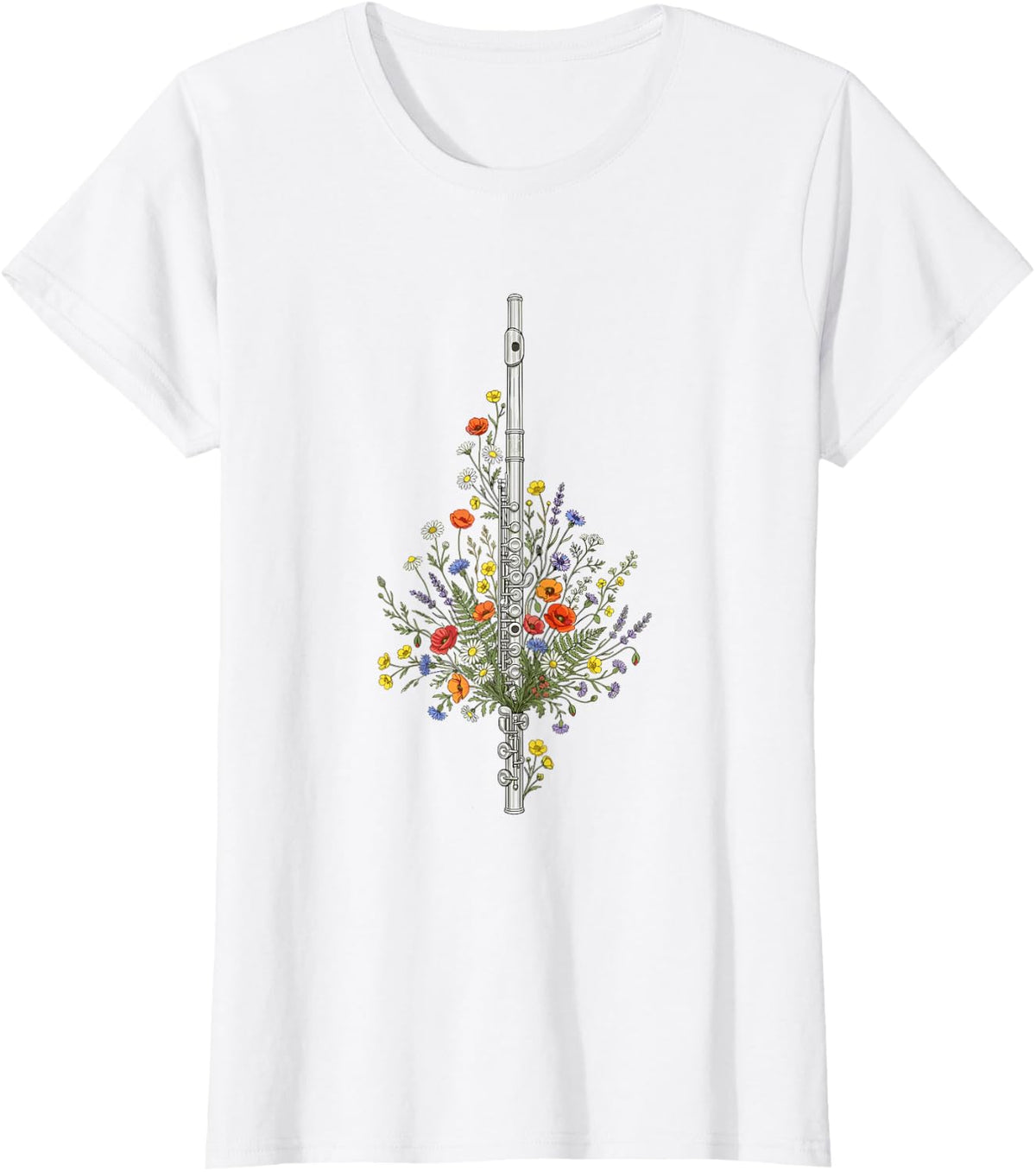 Flute Floral Windflower Flowers Aesthetic Graphic Flutist T-Shirt - White