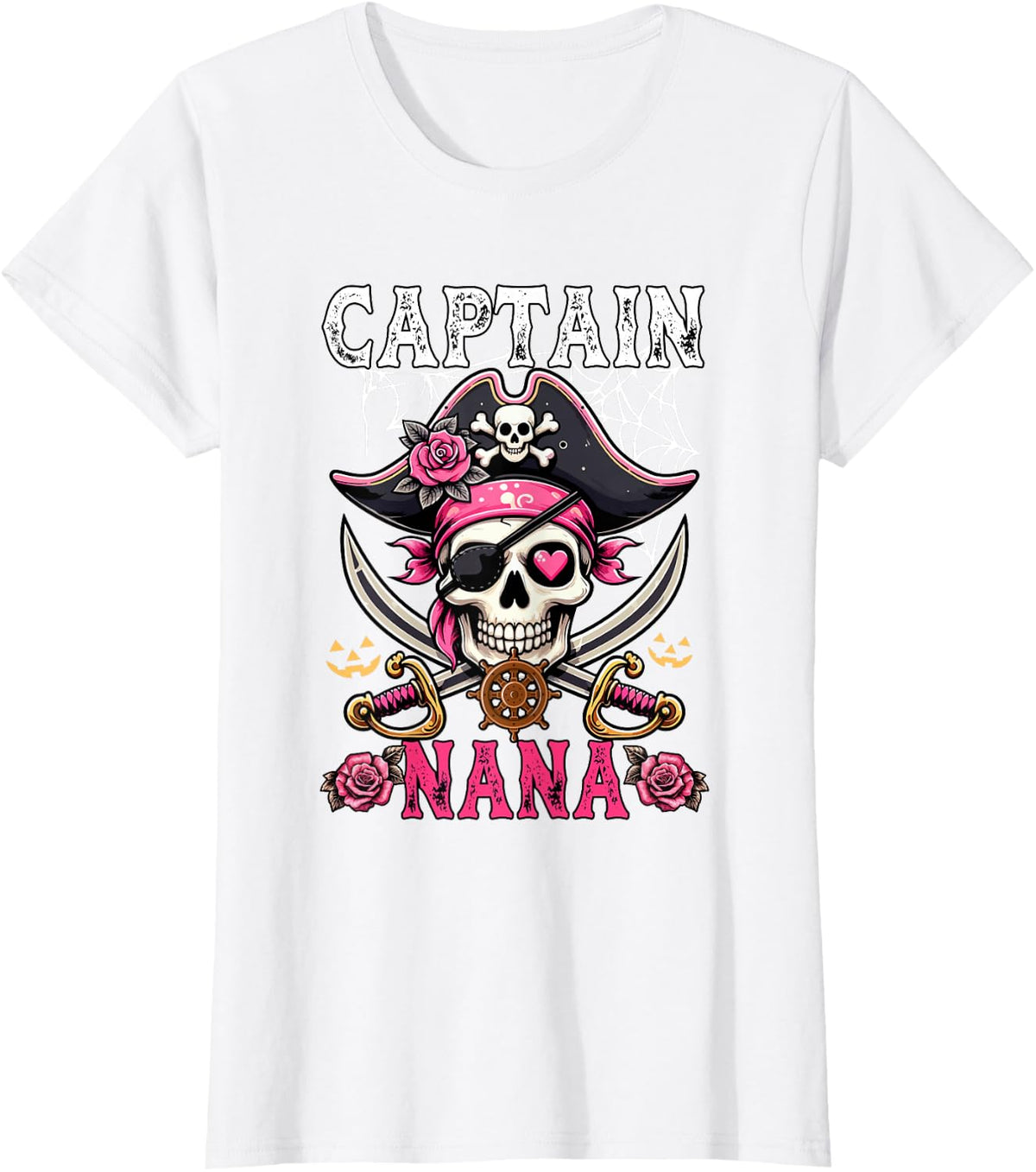 Captain Nana Halloween Skull As Pirate Floral Cute Women T-Shirt - White