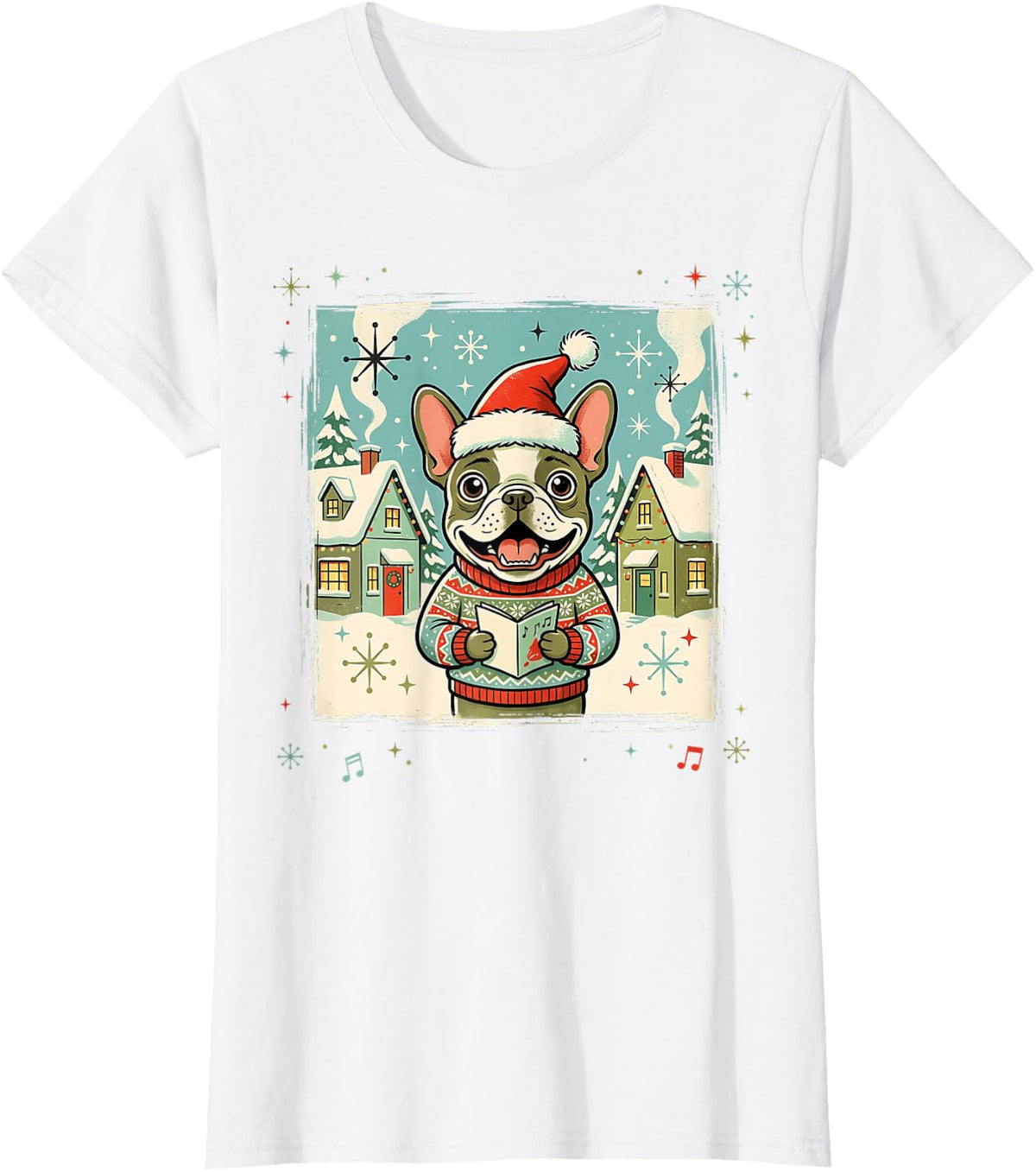 French Bulldog Frenchie Singing Carols Carolling Retro T-Shirt - White