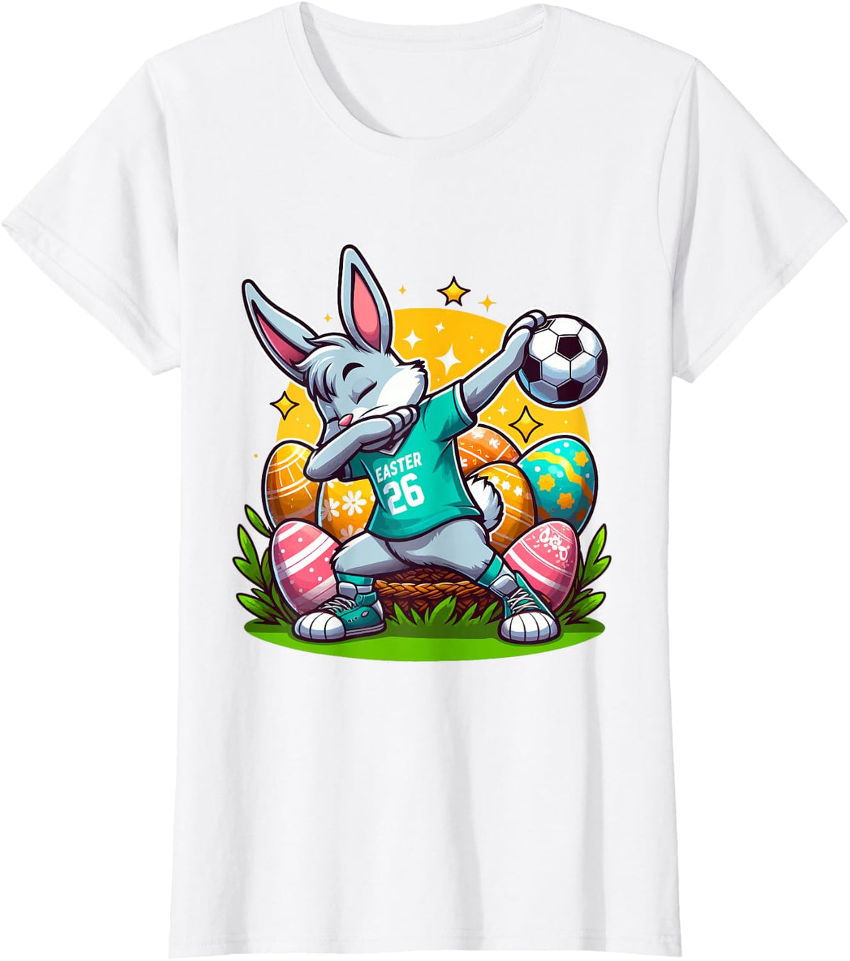 Easter Bunny player dabbing with Soccer Ball easter day kids T-Shirt - White
