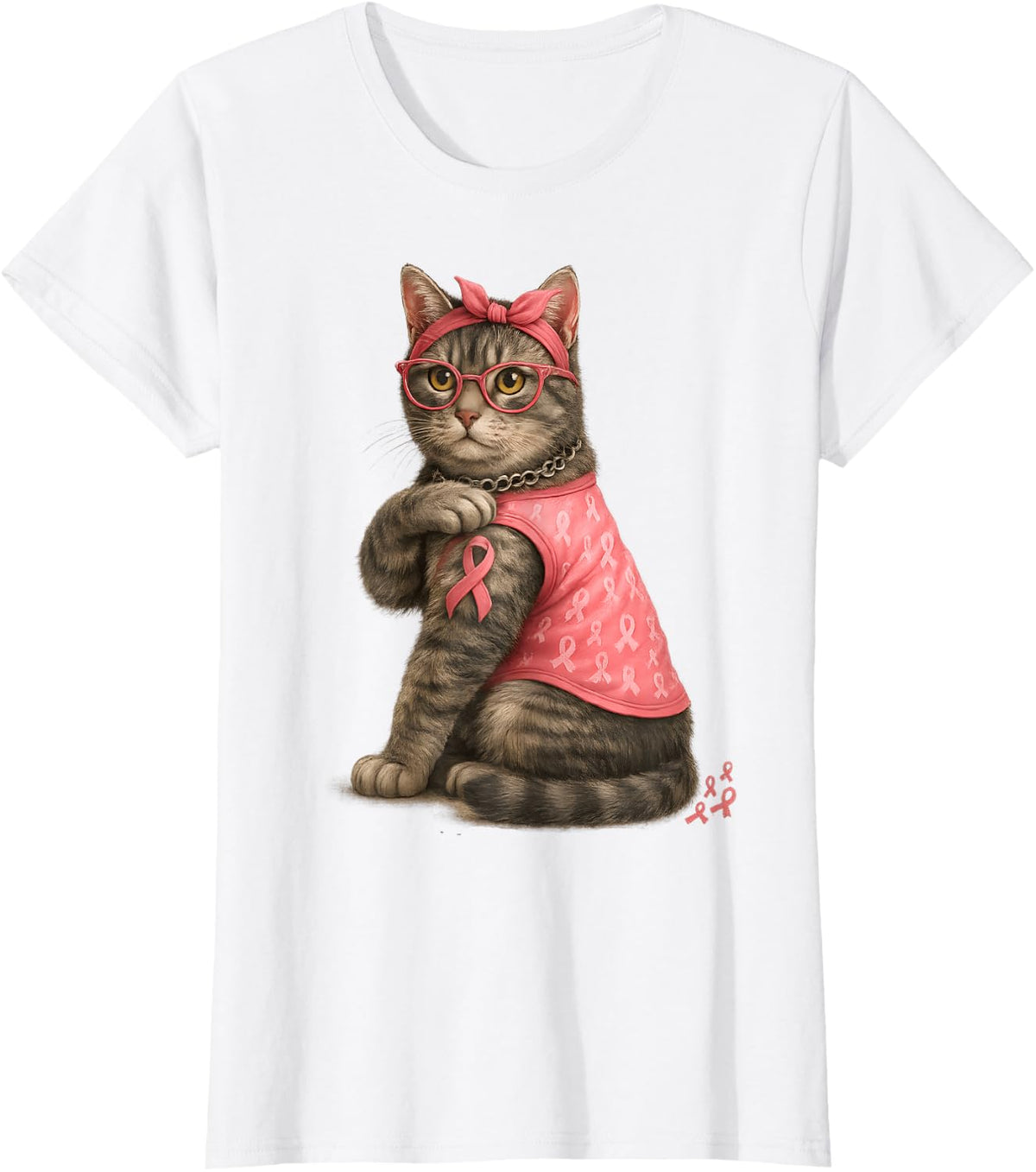 Gray Tabby Cat Pink Ribbon Breast Cancer Awareness Kitty T-Shirt - White