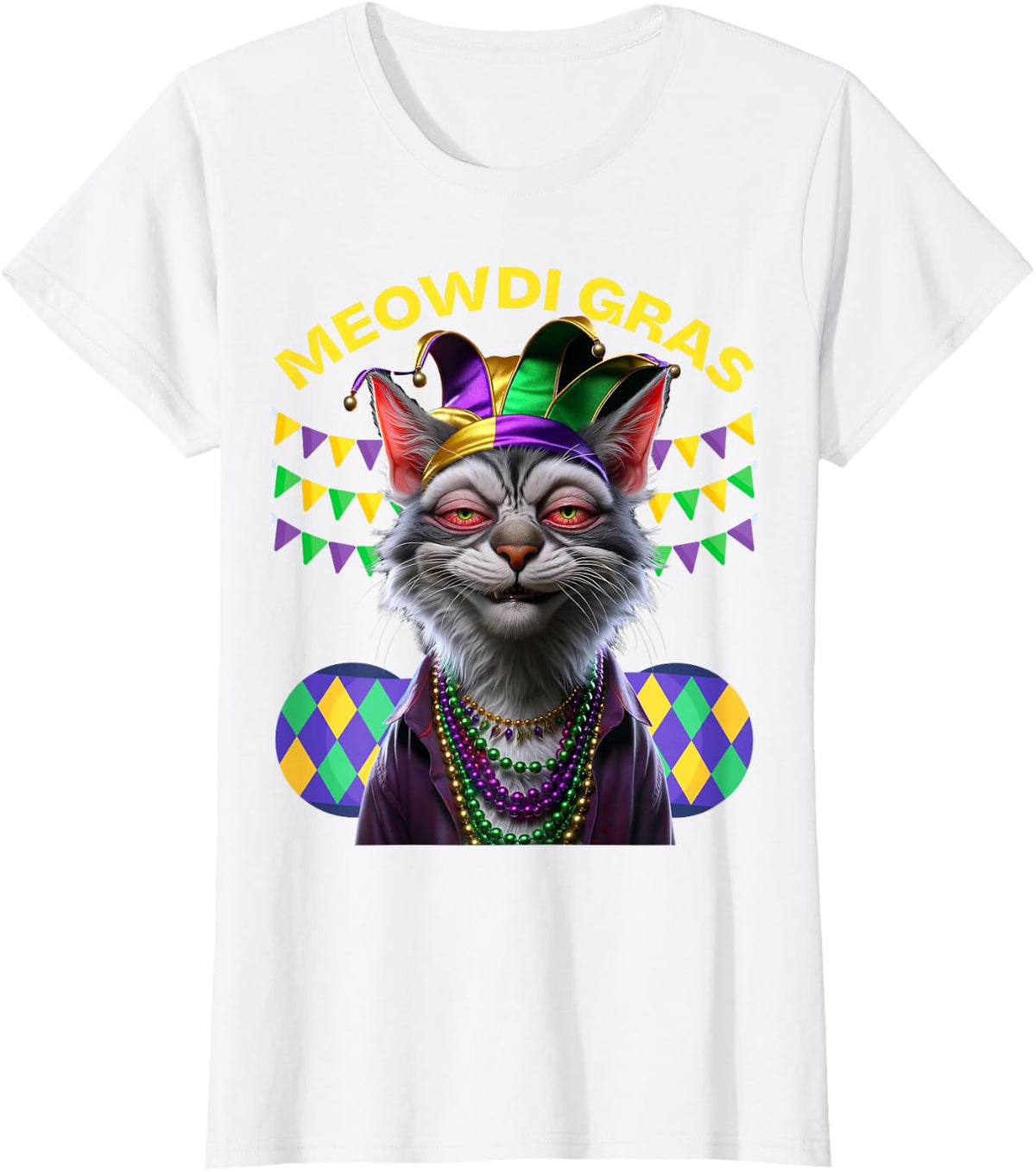 2024 Matching Mens Womans Funny Meowdi Gras Cat Mardi Gras T-Shirt - White