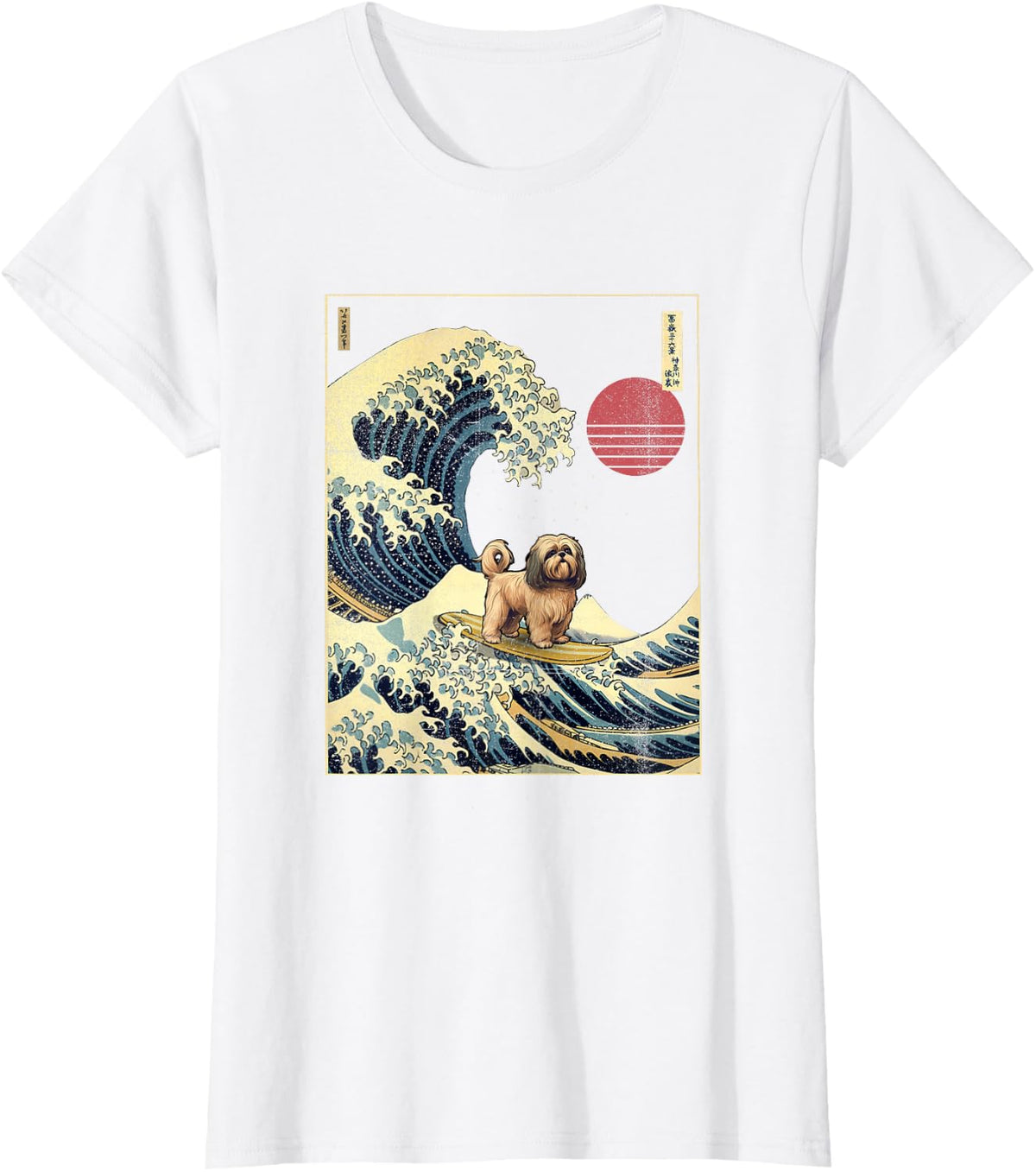 Lhasa Apso Japanese Kanagawa Wave Funny Surf Dog Men Women Kids T-Shirt - White