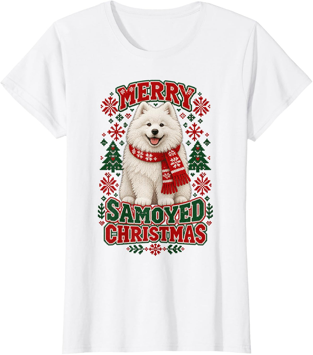 Merry Samoyed Christmas Dog Ugly Sweater T-Shirt - White