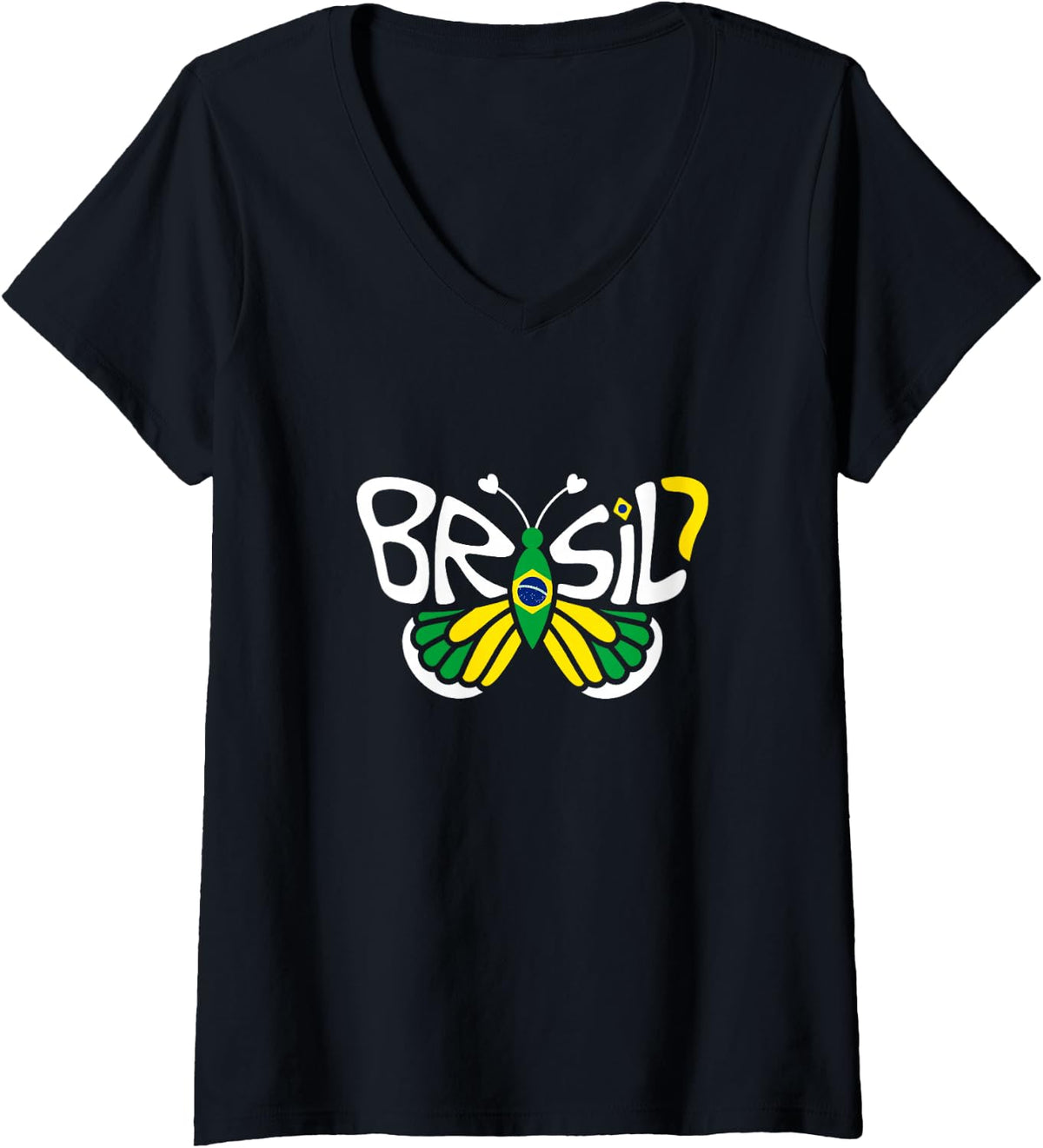 Women's Brazil Butterfly - Brazilian Flag Colors Souvenir V-Neck T-Shirt - Black