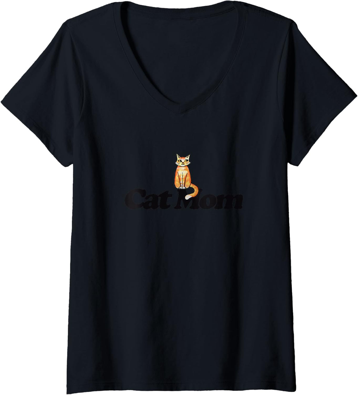 Women's Cat Mom Ginger Tabby Cats with Orange Marigolds Cozy Autumn V-Neck T-Shirt - Black