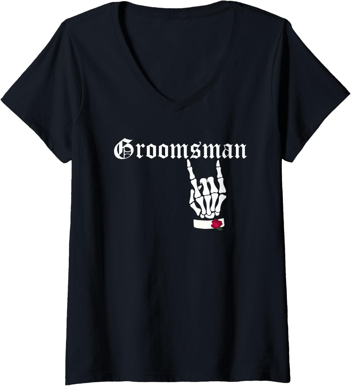 Women's Groomsman Skull Roses Gothic Goth Bride Wedding V-Neck T-Shirt - Black