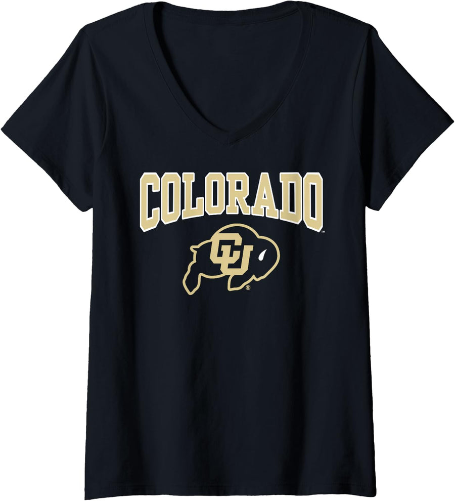 Womens Colorado Buffaloes Arched Logo Black Officially Licensed V-Neck T-Shirt - Black