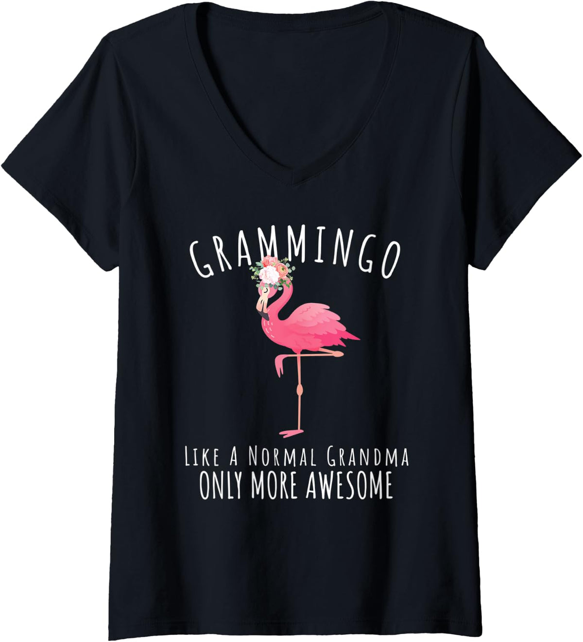 Womens Grammingo Like An Grandma Only Awesome Floral Flamingo Gift V-Neck T-Shirt - Black