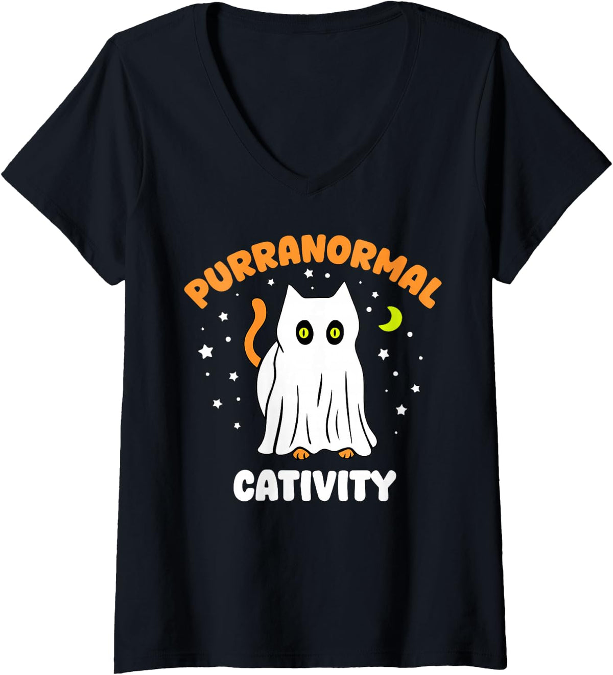 Women's Purranormal Cativity Funny Cat Ghost Halloween V-Neck T-Shirt - Black