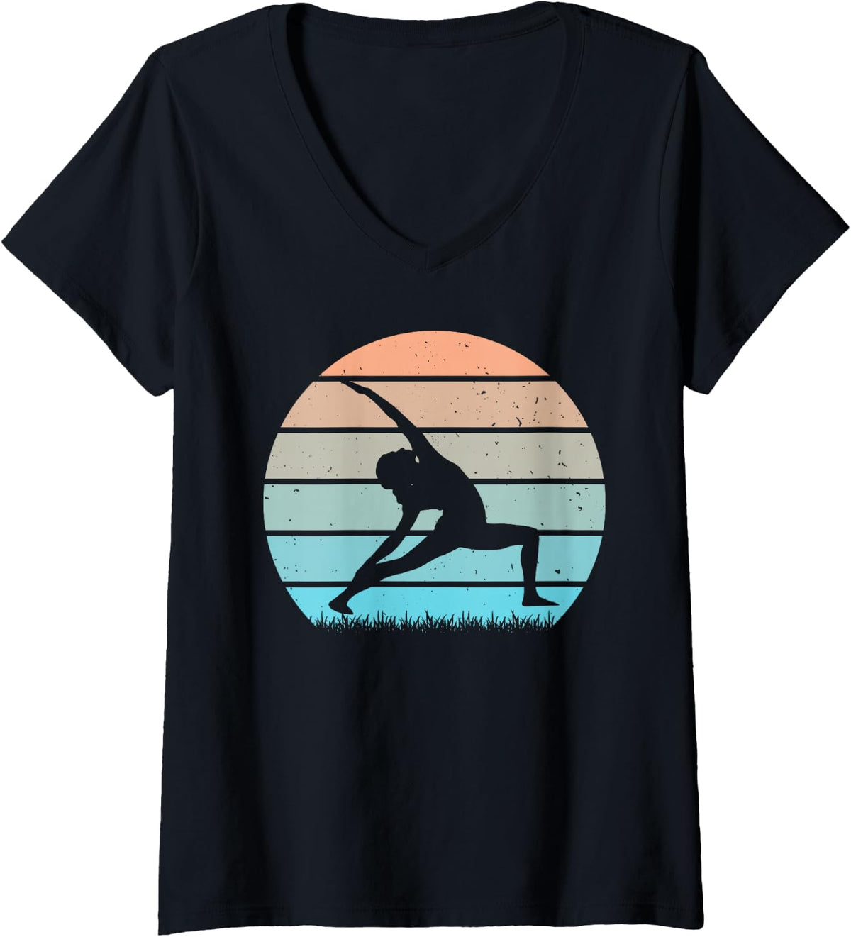 Women's Yoga Pose Fitness Meditation Retro Vintage Sunset V-Neck T-Shirt - Black
