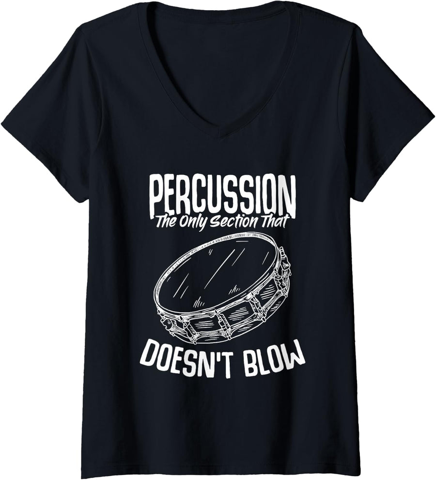 Women's Marching Band Percussion Musician Drummer Percussionist V-Neck T-Shirt - Black